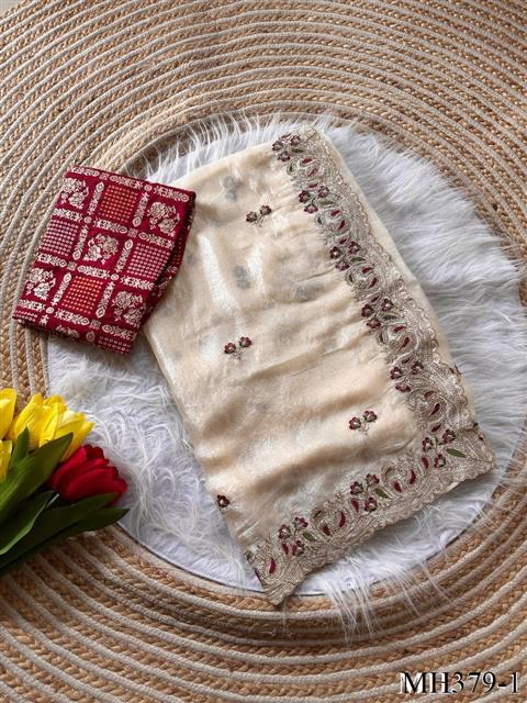 Beautiful Soft Rich Cream Shimmer Silk With Embroidery Work Saree