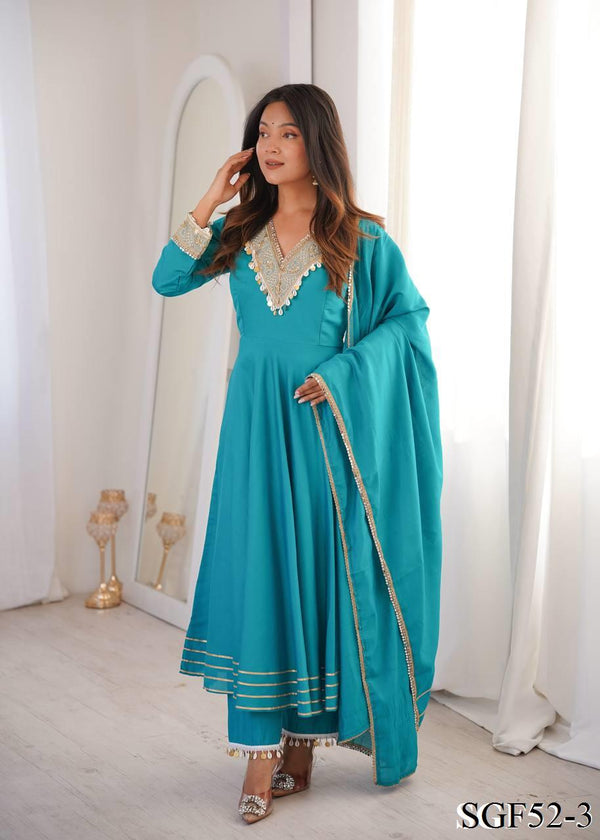 Beautifull Sky Blue Color Roman Fabric With Embroidery Work Gown