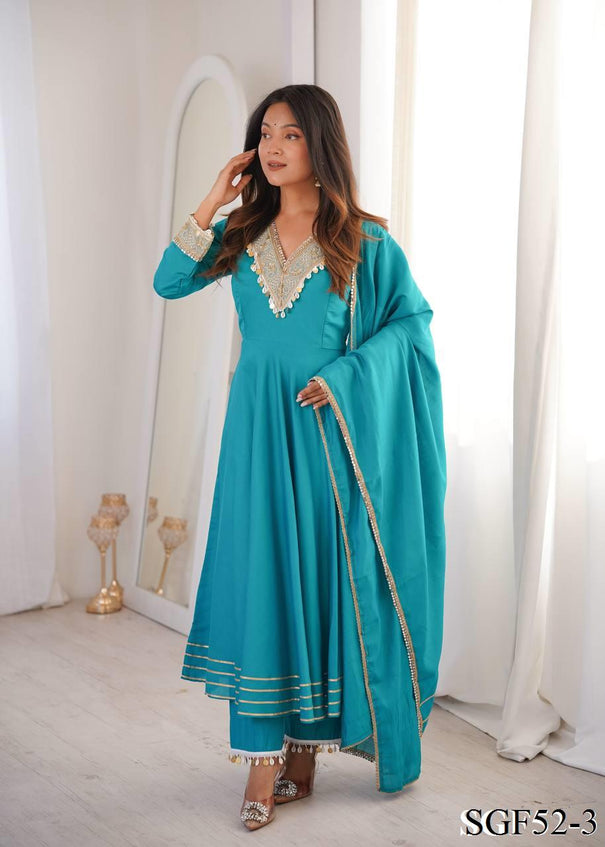Beautifull Sky Blue Color Roman Fabric With Embroidery Work Gown