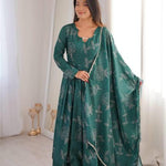 Beautiful Soft Rich Printed Maslin With Golden Lace Work Gown