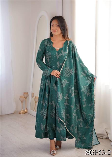 Beautiful Soft Rich Printed Maslin With Golden Lace Work Gown