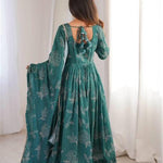 Beautiful Soft Rich Printed Maslin With Golden Lace Work Gown