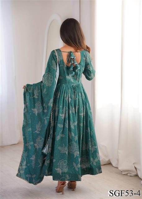 Beautiful Soft Rich Printed Maslin With Golden Lace Work Gown