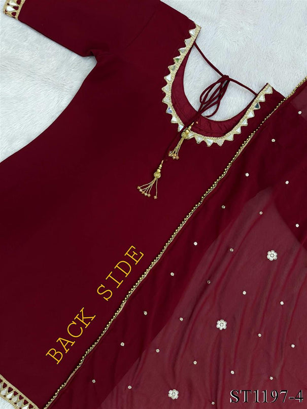 Beautiful Soft Rich Faux Georgette With Real Mirror Work Kurti Plazzo Set