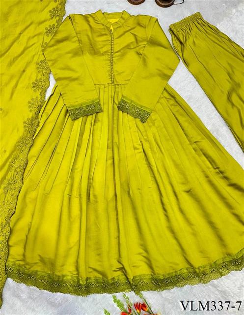 Beautiful Soft Rich Heavy Roman Silk With Heavy Embroidery Work Gown Set