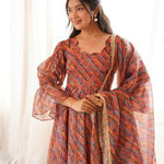 Beautiful Soft Rich Tebi Organza With Golden Mirror Lace Work Gown Set