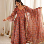Beautiful Soft Rich Tebi Organza With Golden Mirror Lace Work Gown Set