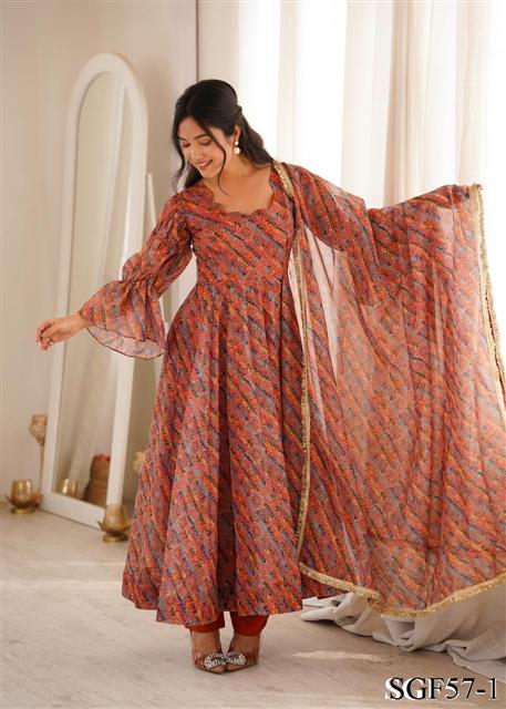 Beautiful Soft Rich Tebi Organza With Golden Mirror Lace Work Gown Set