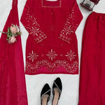 Beautiful Soft Rich Fendy Silk With Thread & Sequence Embroidery Work Plazzo Suit Set