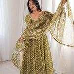 Beautiful Soft Rich Printed Maslin With Mirror Lace Work Gown Set