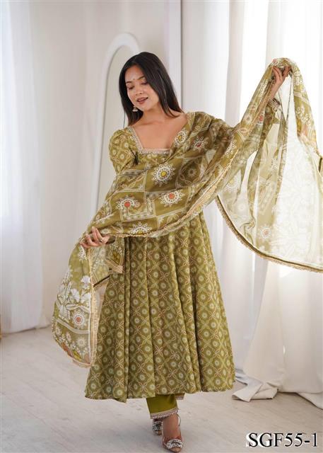 Beautiful Soft Rich Printed Maslin With Mirror Lace Work Gown Set