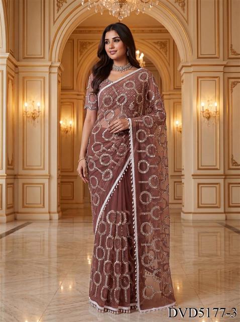 Beautiful Soft Rich Net With Beads, Sequins & Pearl Embroidery Work Saree