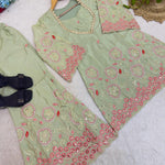 Pure Viscose Silk Top Pant Set with Floral Embroidery & Sequin Work