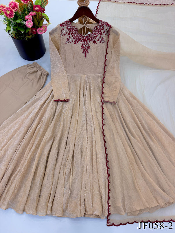 Doremon Crush Embroidered Gown with Micro Cotton Pant & Butterfly Net Embroidered Dupatta