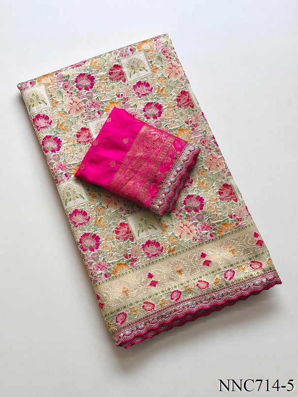 Pure Raw Silk Kashmiri Saree with Meenakari Weaving & Embroidered Blouse