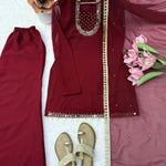 Faux Georgette Top Palazzo Set with Hand Mirror & Moti Work