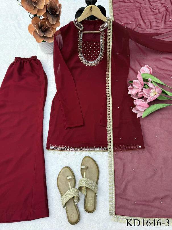 Faux Georgette Top Palazzo Set with Hand Mirror & Moti Work