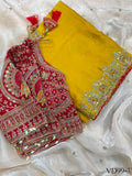 Peacock Teal Fendy Satin Embroidered Saree with Stitched Blouse