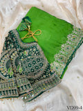 Peacock Teal Fendy Satin Embroidered Saree with Stitched Blouse