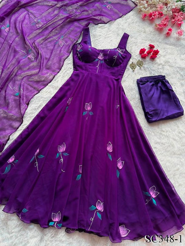 Beautifull Georgette Handprint  Work Anarkali Pent