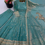 Sky Color Fendy Silk With Embroidery Work Gown