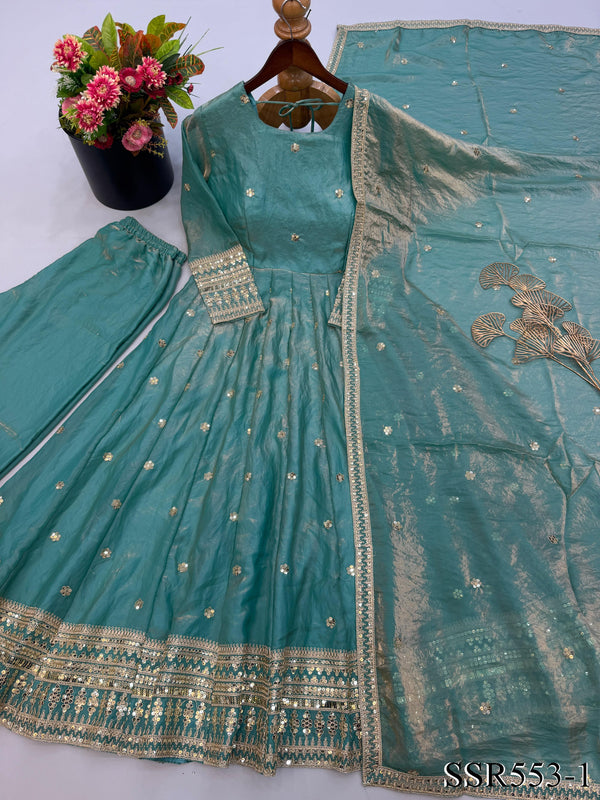 Sky Color Fendy Silk With Embroidery Work Gown