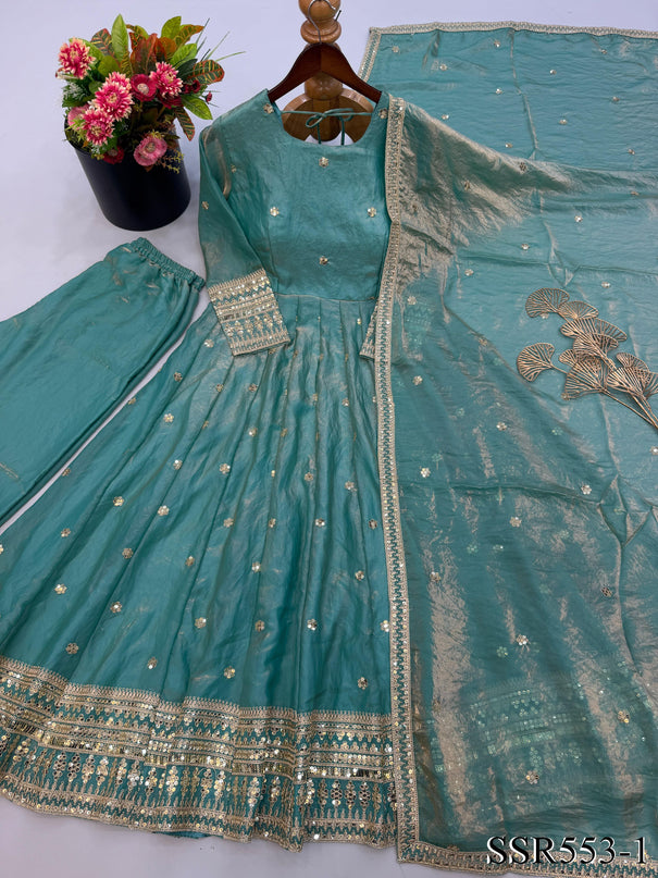 Sky Color Fendy Silk With Embroidery Work Gown