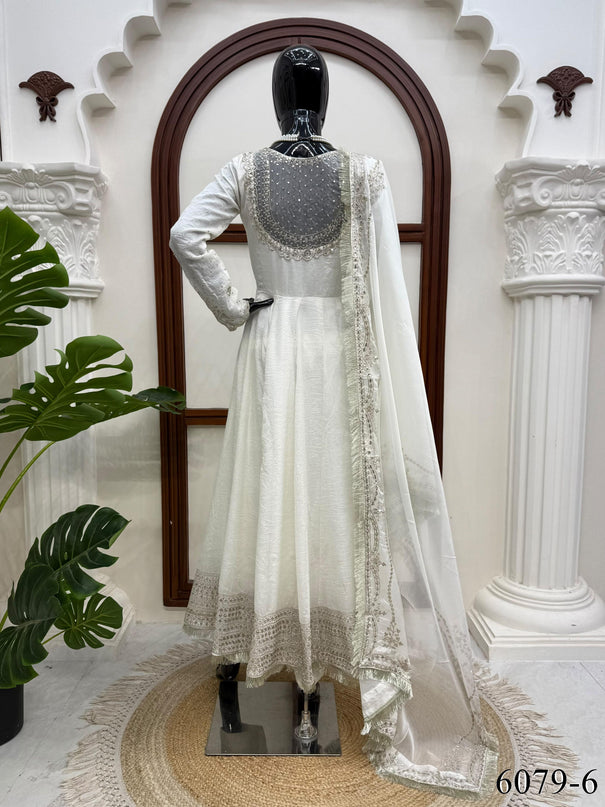 White Color Premium Look Vichitra Sequns Work Anarkali