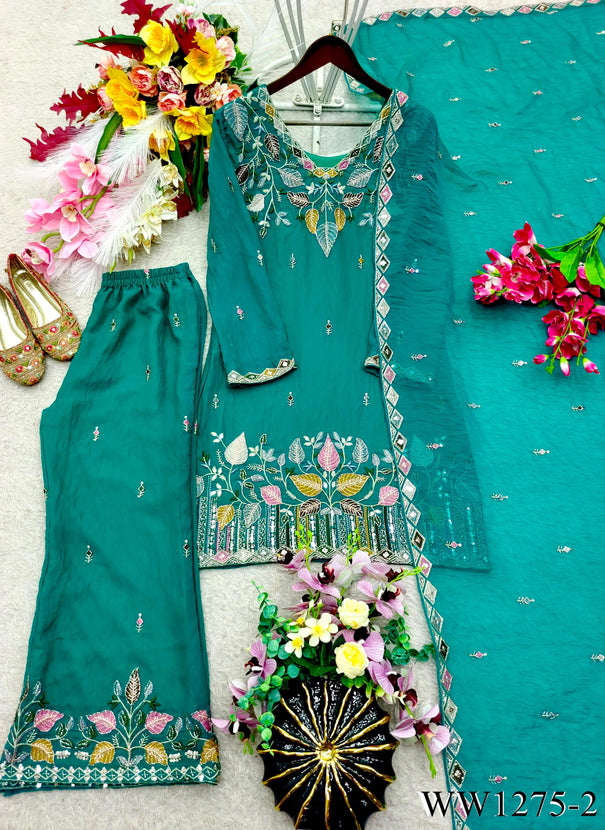 Sky Color Moss Silk With Embroidery Sequience Work Top Plazzo