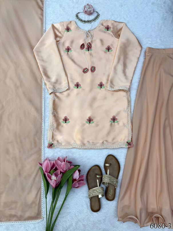 Beige Color Japan Satin With Thread Work Top Plazzo