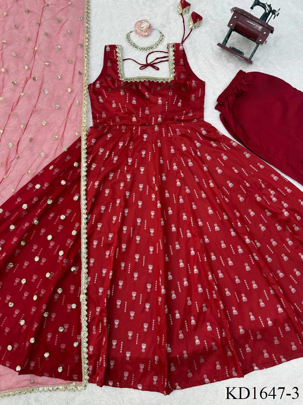 Red Color Jacquard Butti With Fancy Lace Work Anarkali