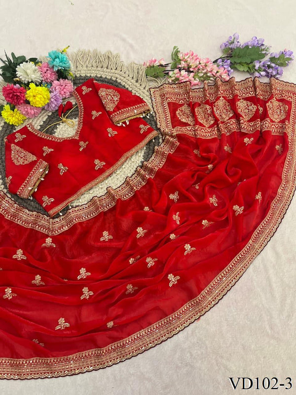 Red Color Soft Shining Embroidery Work Saree
