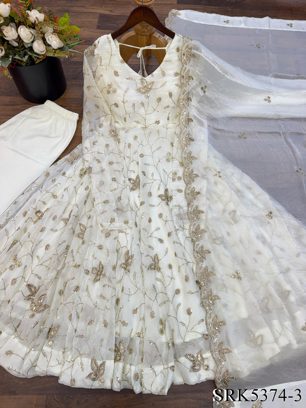 White Color Fendy Silk With Embroidery Work Gown
