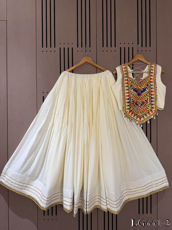 White Color Rayon With Gotta Patti Lace Work Lehenga
