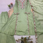 Mul Chanderi Top Pant Set with Sequin Embroidery & Cut Work