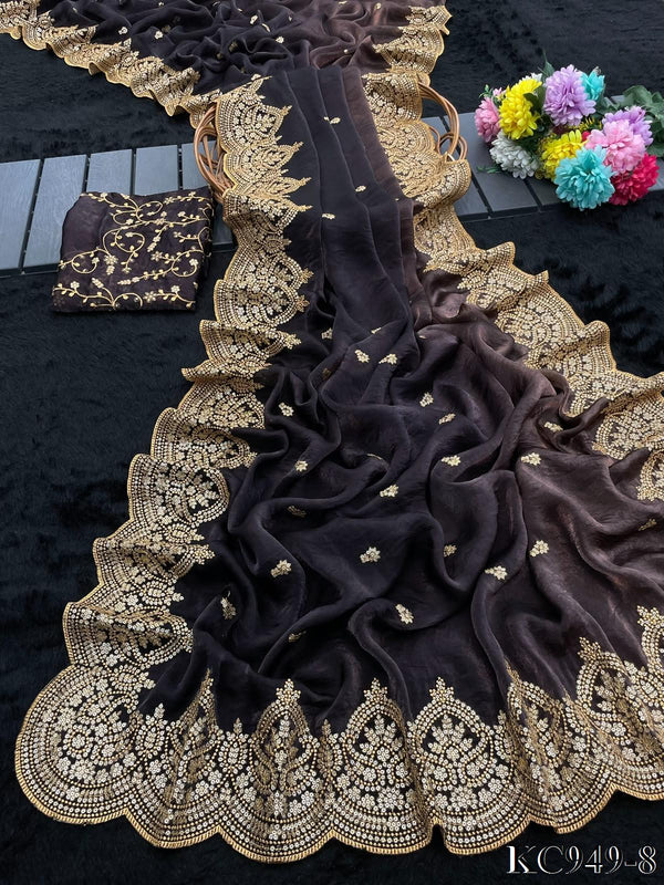 Dual Shaded Fendy Satin Saree with Sequin & Zari Embroidery Work