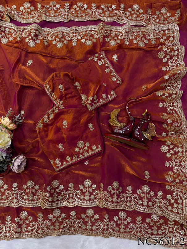 Soft Two-Tone Space Silk Saree with Sequin & Zari Embroidery Work