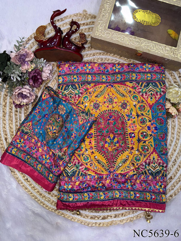 Soft Chinnon Printed Saree with Mirror, Sequin & Diamond Work