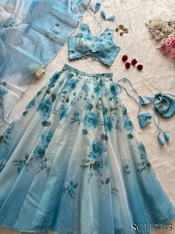 Pure Organza Silk Lehenga Set with Digital Print & 8mtr Flair