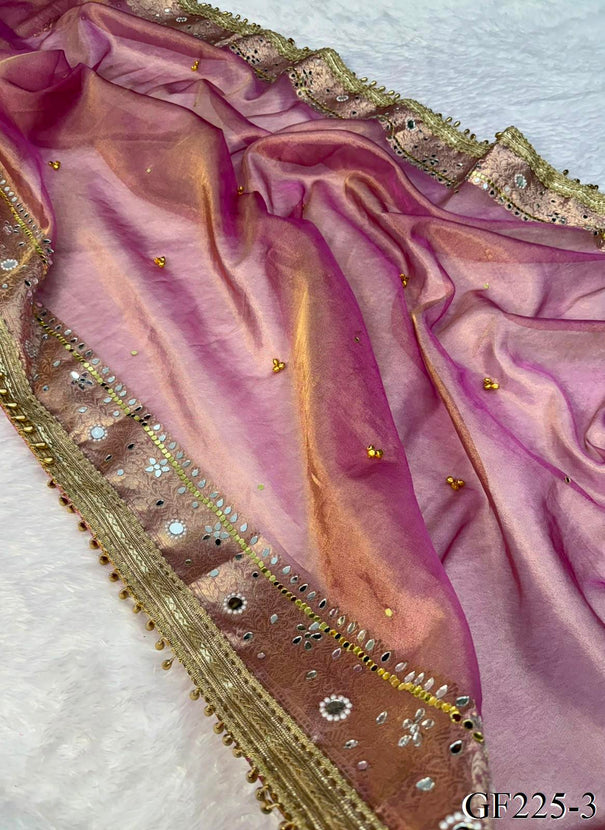 Premium Tissue Saree with Stone & Mirror Work and Ghungroo Blouse