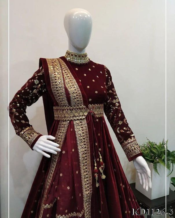 Maroon Color Velvet Fabric With Thread Sequience Work Top Dupatta
