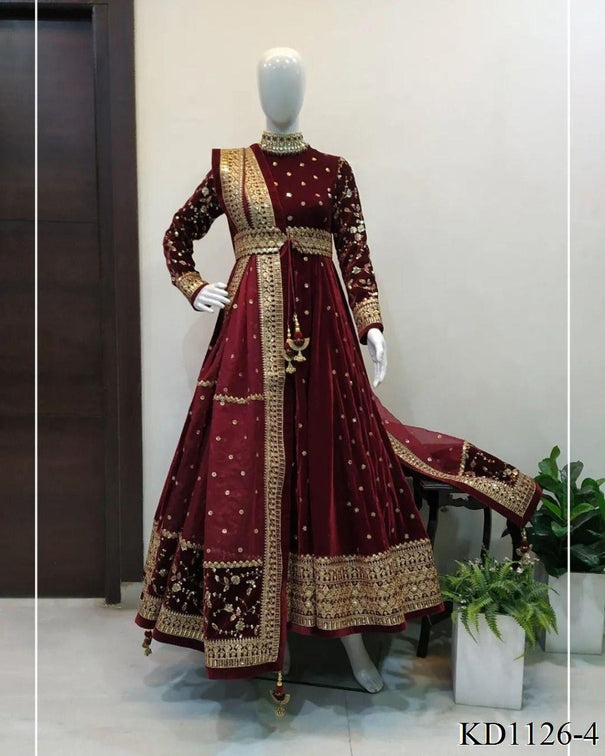 Maroon Color Velvet Fabric With Thread Sequience Work Top Dupatta