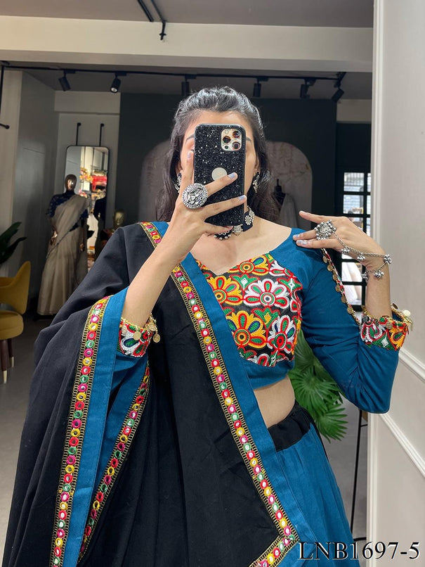 Blue Color Pure Cotton Plain With Printed Work Lehenga