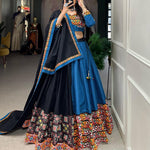 Blue Color Pure Cotton Plain With Printed Work Lehenga