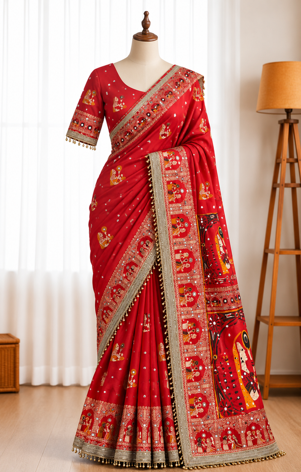 Soft Satin Silk Saree with Hand Mirror Work