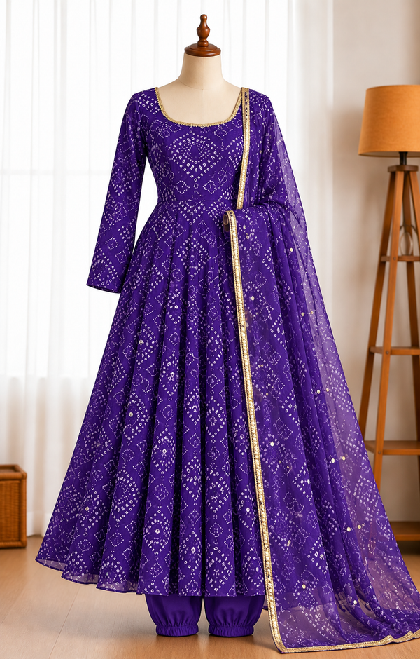 Faux Georgette Anarkali Suit with Digital Print & Mirror Work
