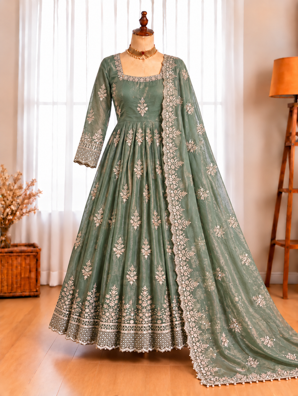 Fendy Silk Gown with Sequin Embroidery & Full Flair Dupatta