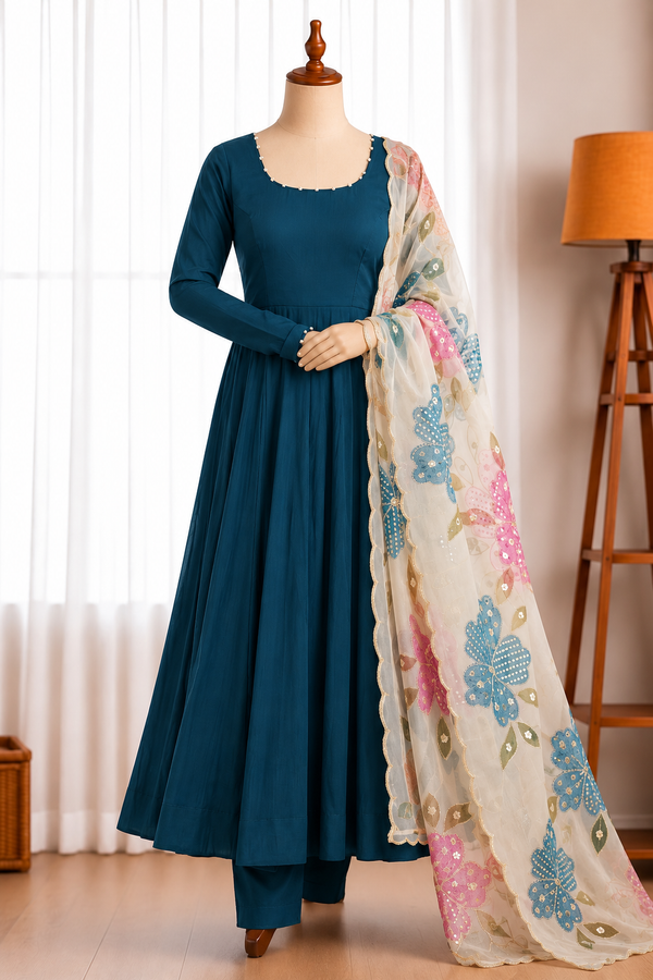 Pure Roman Silk 16 Kali Gown Set with Pearl Lace & Organza Dupatta