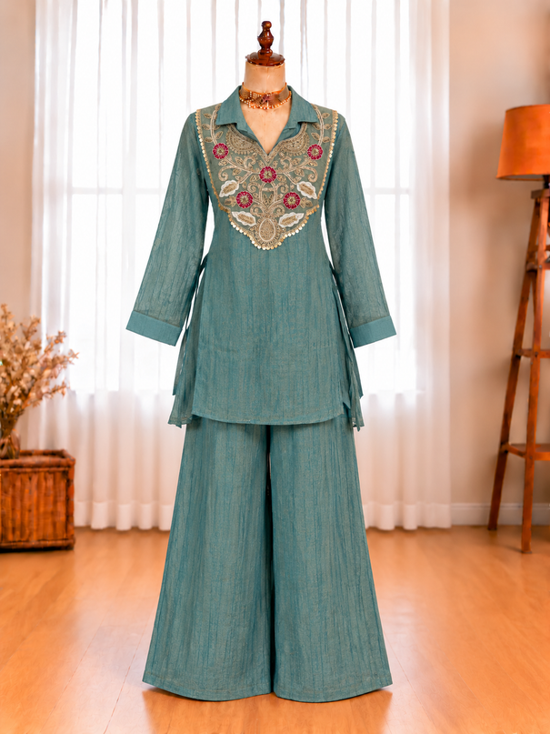 Slasa Silk Beads & Sequin Embroidered Top with Palazzo