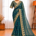 Premium Tissue Saree with Stone & Mirror Work and Ghungroo Blouse
